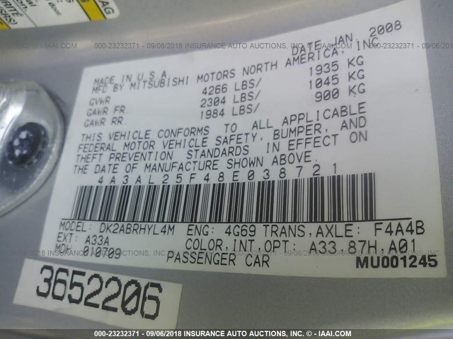 4A3AL25F48E038721 - 2008 MITSUBISHI ECLIPSE SPYDER GS 银色 照片 9