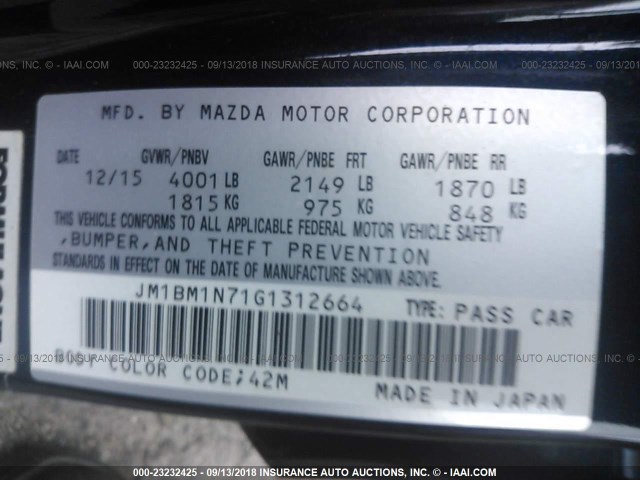 JM1BM1N71G1312664 - 2016 MAZDA 3 GRAND TOURING BLACK photo 9