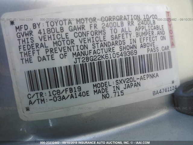 JT2BG22K610549369 - 2001 TOYOTA CAMRY CE/LE/XLE 银色 照片 9