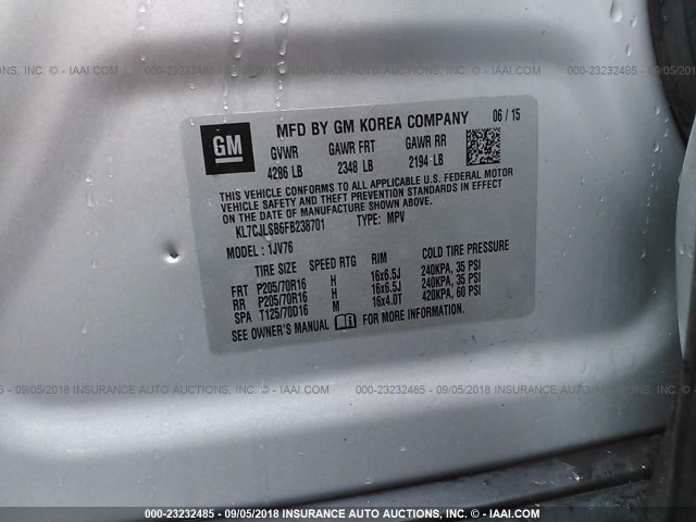 KL7CJLSB6FB238701 - 2015 CHEVROLET TRAX 1LT SILVER photo 9