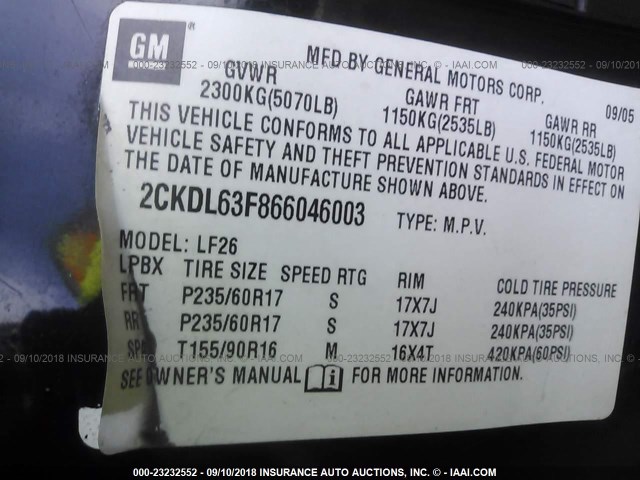 2CKDL63F866046003 - 2006 PONTIAC TORRENT BLACK photo 9