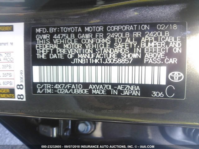 JTNB11HK1J3058857 - 2018 TOYOTA CAMRY L/LE/XLE/SE/XSE GRAY photo 9