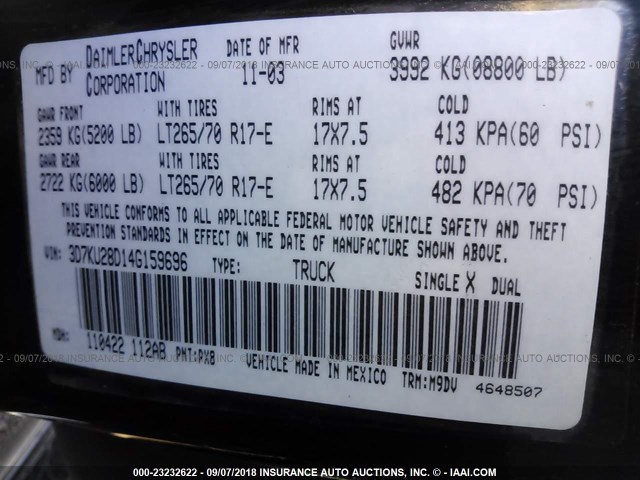 3D7KU28D14G159696 - 2004 DODGE RAM 2500 ST/SLT 黑色 照片 9