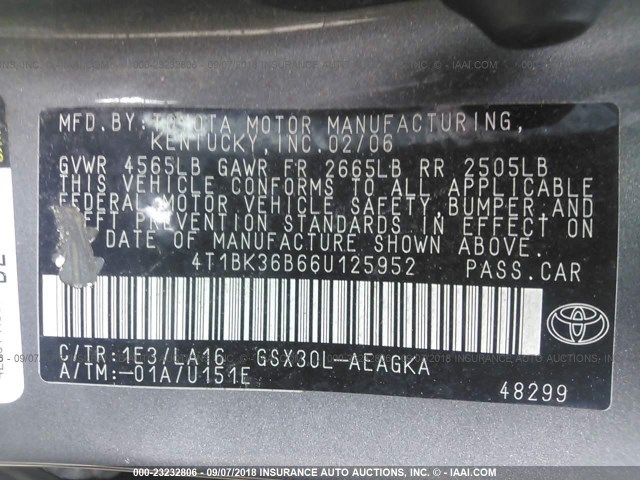 4T1BK36B66U125952 - 2006 TOYOTA AVALON XL/XLS/TOURING/LIMITED GRAY photo 9