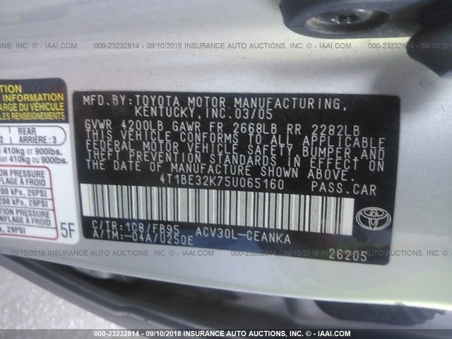 4T1BE32K75U065160 - 2005 TOYOTA CAMRY LE/XLE/SE Gümüş foto 9