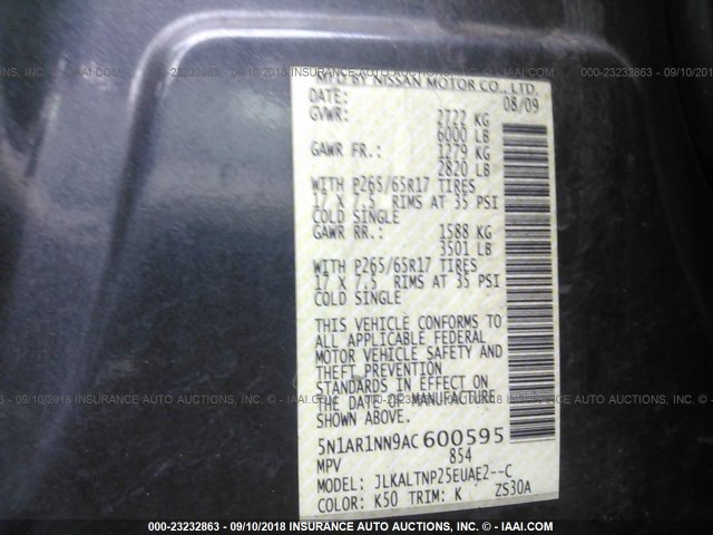 5N1AR1NN9AC600595 - 2010 NISSAN PATHFINDER S/LE/SE GRAY photo 9