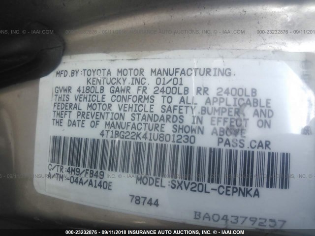 4T1BG22K41U801230 - 2001 TOYOTA CAMRY CE/LE/XLE 金色 照片 9