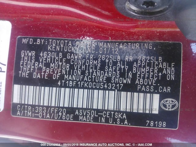 4T1BF1FK0CU543217 - 2012 TOYOTA CAMRY SE/LE/XLE წითელი ფოტო 9