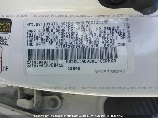 4T1BE32K04U263478 - 2004 TOYOTA CAMRY LE/XLE/SE Ağ foto 9