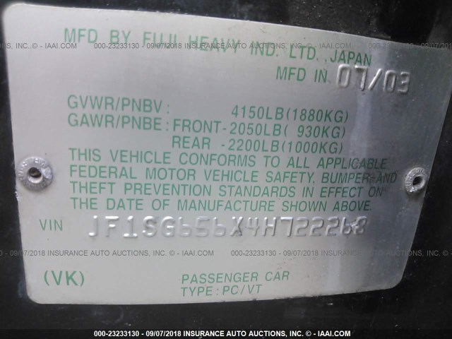 JF1SG656X4H722268 - 2004 SUBARU FORESTER 2.5XS Жасыл фото 9