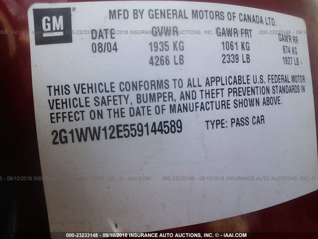 2G1WW12E559144589 - 2005 CHEVROLET MONTE CARLO LS წითელი ფოტო 9