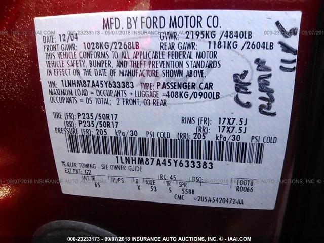 1LNHM87A45Y633383 - 2005 LINCOLN LS ბურგუნდია ფოტო 9