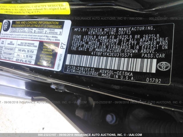 4T1BF1FK3EU315571 - 2014 TOYOTA CAMRY L/SE/LE/XLE 黑色 照片 9