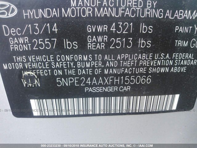 5NPE24AAXFH155066 - 2015 HYUNDAI SONATA ECO SILVER photo 9