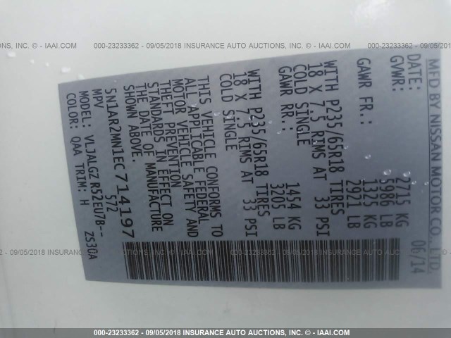 5N1AR2MN1EC714197 - 2014 NISSAN PATHFINDER S/SV/SL/PLATINUM WHITE photo 9