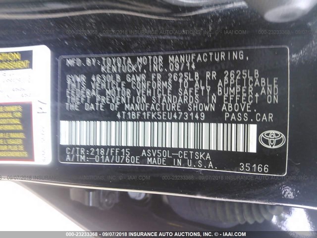 4T1BF1FK5EU473149 - 2014 TOYOTA CAMRY L/SE/LE/XLE 黑色 照片 9