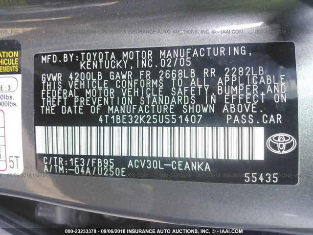 4T1BE32K25U551407 - 2005 TOYOTA CAMRY LE/XLE/SE Boz foto 9