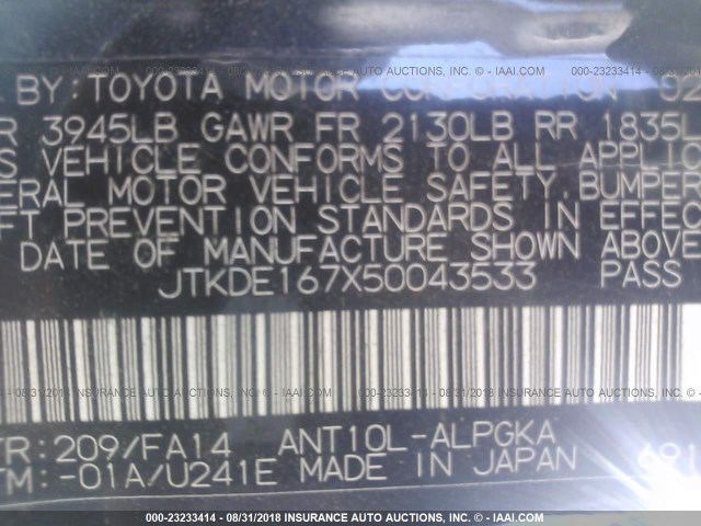 JTKDE167X50043533 - 2005 TOYOTA SCION TC BLACK photo 9