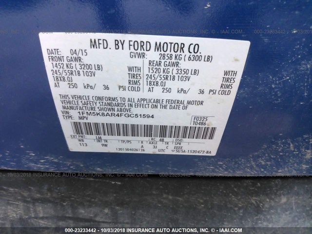 1FM5K8AR4FGC51594 - 2015 FORD EXPLORER POLICE INTERCEPTOR BLUE photo 9