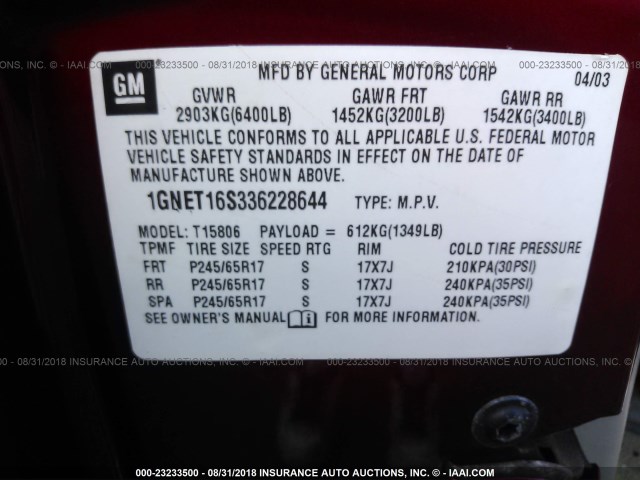 1GNET16S336228644 - 2003 CHEVROLET TRAILBLAZER EXT RED photo 9