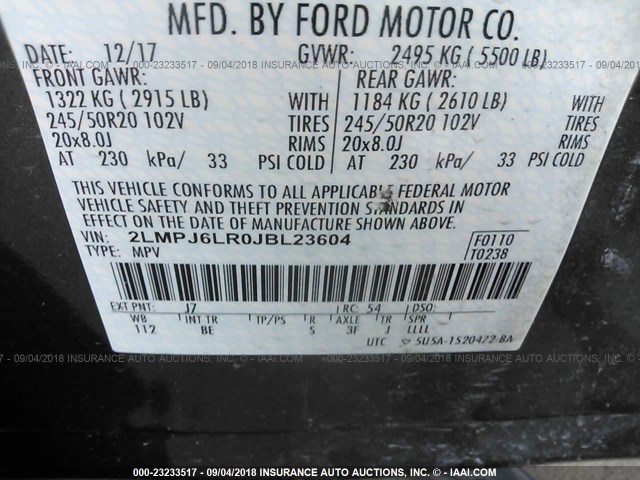 2LMPJ6LR0JBL23604 - 2018 LINCOLN MKX RESERVE GRAY photo 9