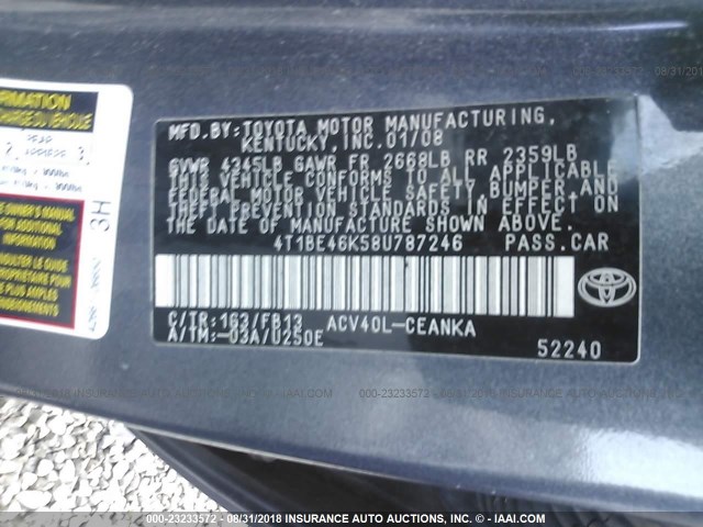 4T1BE46K58U787246 - 2008 TOYOTA CAMRY CE/LE/XLE/SE GRAY photo 9