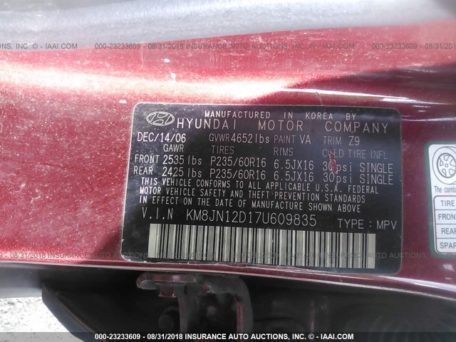 KM8JN12D17U609835 - 2007 HYUNDAI TUCSON MAROON photo 9