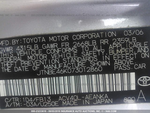 JTNBE46K073012860 - 2007 TOYOTA CAMRY NEW GENERAT CE/LE/XLE/SE SILVER photo 9