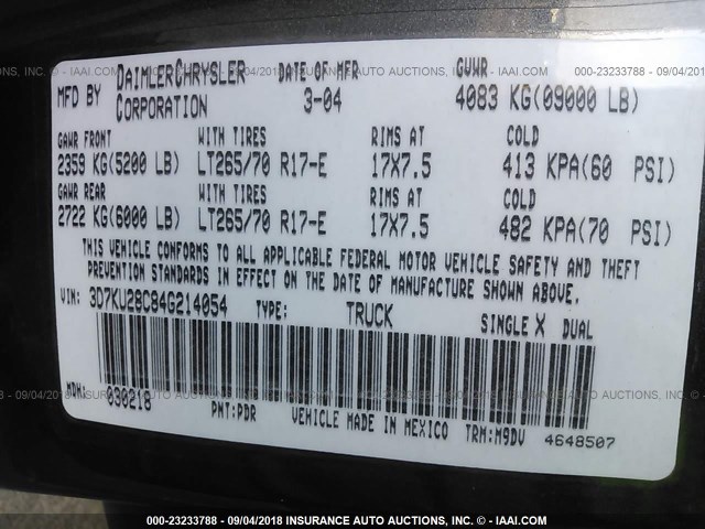 3D7KU28C84G214054 - 2004 DODGE RAM 2500 ST/SLT 灰色 照片 9