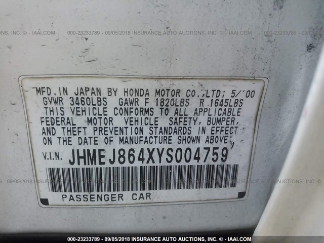 JHMEJ864XYS004759 - 2000 HONDA CIVIC EX WHITE photo 9