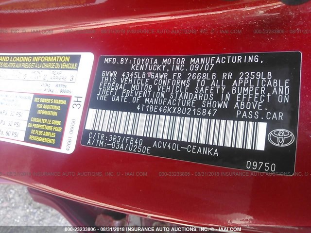 4T1BE46KX8U215847 - 2008 TOYOTA CAMRY CE/LE/XLE/SE RED photo 9