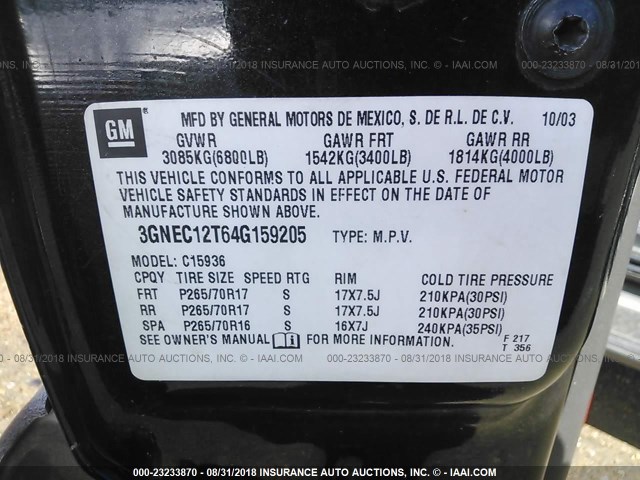 3GNEC12T64G159205 - 2004 CHEVROLET AVALANCHE C1500 BLACK photo 9