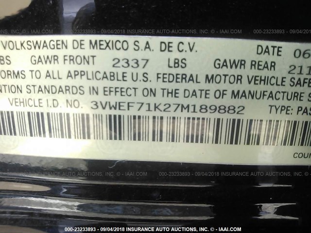 3VWEF71K27M189882 - 2007 VOLKSWAGEN JETTA WOLFSBURG 黑色 照片 9