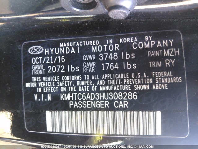 KMHTC6AD3HU308286 - 2017 HYUNDAI VELOSTER BLACK photo 9