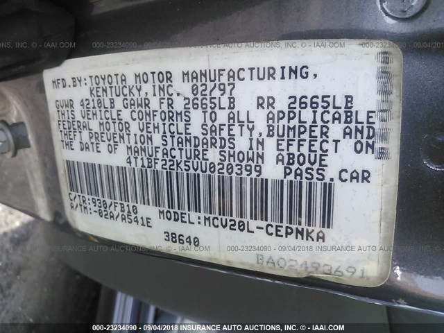 4T1BF22K5VU020399 - 1997 TOYOTA CAMRY CE/LE/XLE 灰色 照片 9