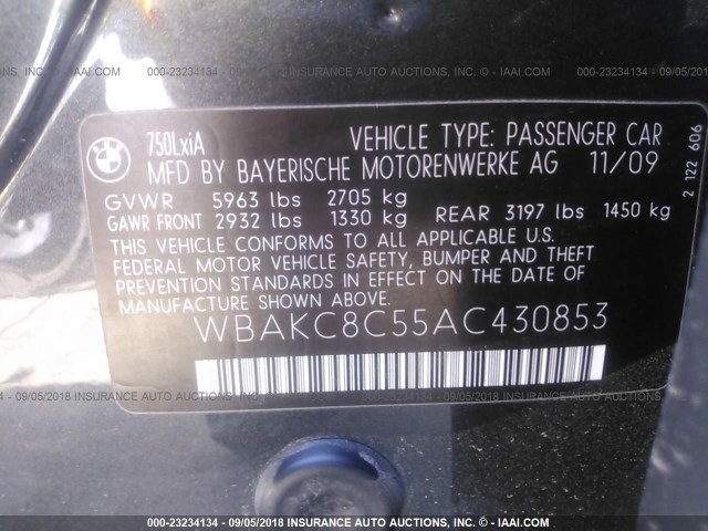 WBAKC8C55AC430853 - 2010 BMW 750 LI/XDRIVE BLACK photo 9