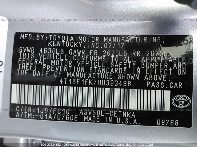 4T1BF1FK7HU393498 - 2017 TOYOTA CAMRY 银色 照片 9