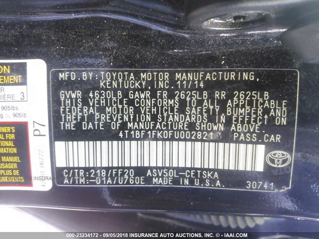 4T1BF1FK0FU002821 - 2015 TOYOTA CAMRY LE/XLE/SE/XSE BLACK photo 9