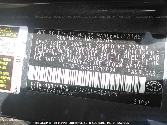 4T1BE46K69U317034 - 2009 TOYOTA CAMRY SE/LE/XLE ნაცრისფერი ფოტო 9