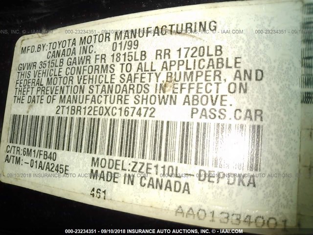 2T1BR12E0XC167472 - 1999 TOYOTA COROLLA VE/CE/LE 绿色 照片 9