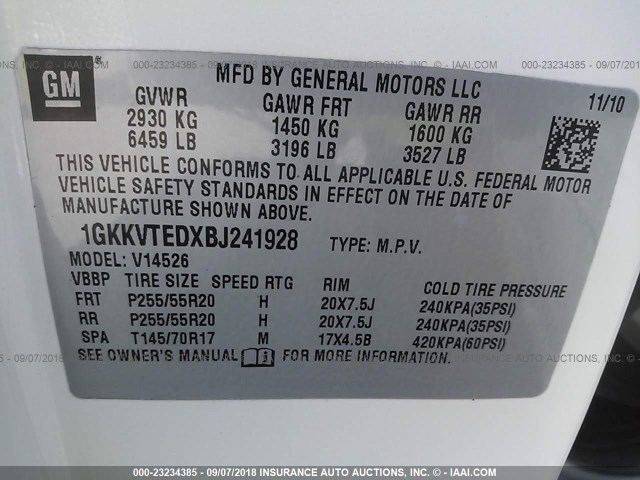 1GKKVTEDXBJ241928 - 2011 GMC ACADIA DENALI WHITE photo 9