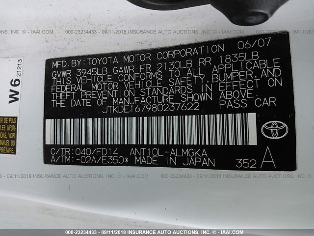 JTKDE167980237622 - 2008 TOYOTA SCION TC 白色 照片 9