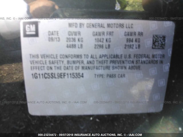 1G11C5SL9EF115354 - 2014 CHEVROLET MALIBU 1LT 灰色 照片 9