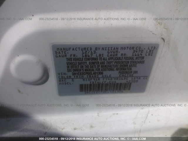 3N1CE2CP0EL401306 - 2014 NISSAN VERSA NOTE S/S PLUS/SV/SL WHITE photo 9