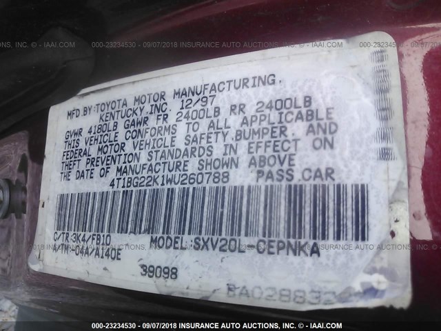 4T1BG22K1WU260788 - 1998 TOYOTA CAMRY CE/LE/XLE 红色 照片 9