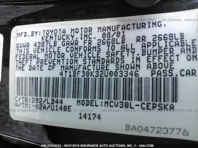 4T1BF30K32U003346 - 2002 TOYOTA CAMRY LE/XLE/SE Qara foto 9