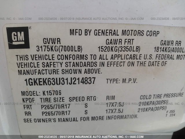 1GKEK63U31J214837 - 2001 GMC DENALI WHITE photo 9