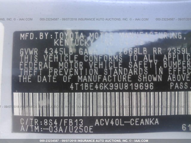 4T1BE46K99U819696 - 2009 TOYOTA CAMRY SE/LE/XLE 浅蓝色 照片 9