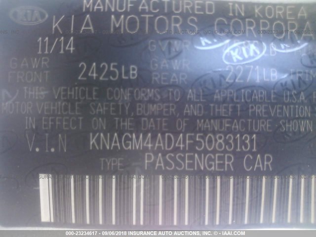 KNAGM4AD4F5083131 - 2015 KIA OPTIMA HYBRID GRAY photo 9