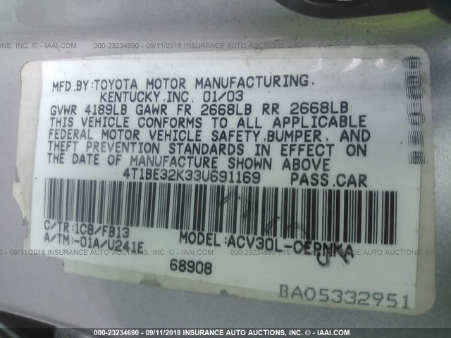 4T1BE32K33U691169 - 2003 TOYOTA CAMRY LE/XLE/SE 灰色 照片 9